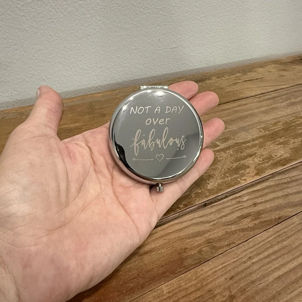 Engraved Compact Mirror 50th Birthday Not A Day Over Fabulous Silver Tone Gift